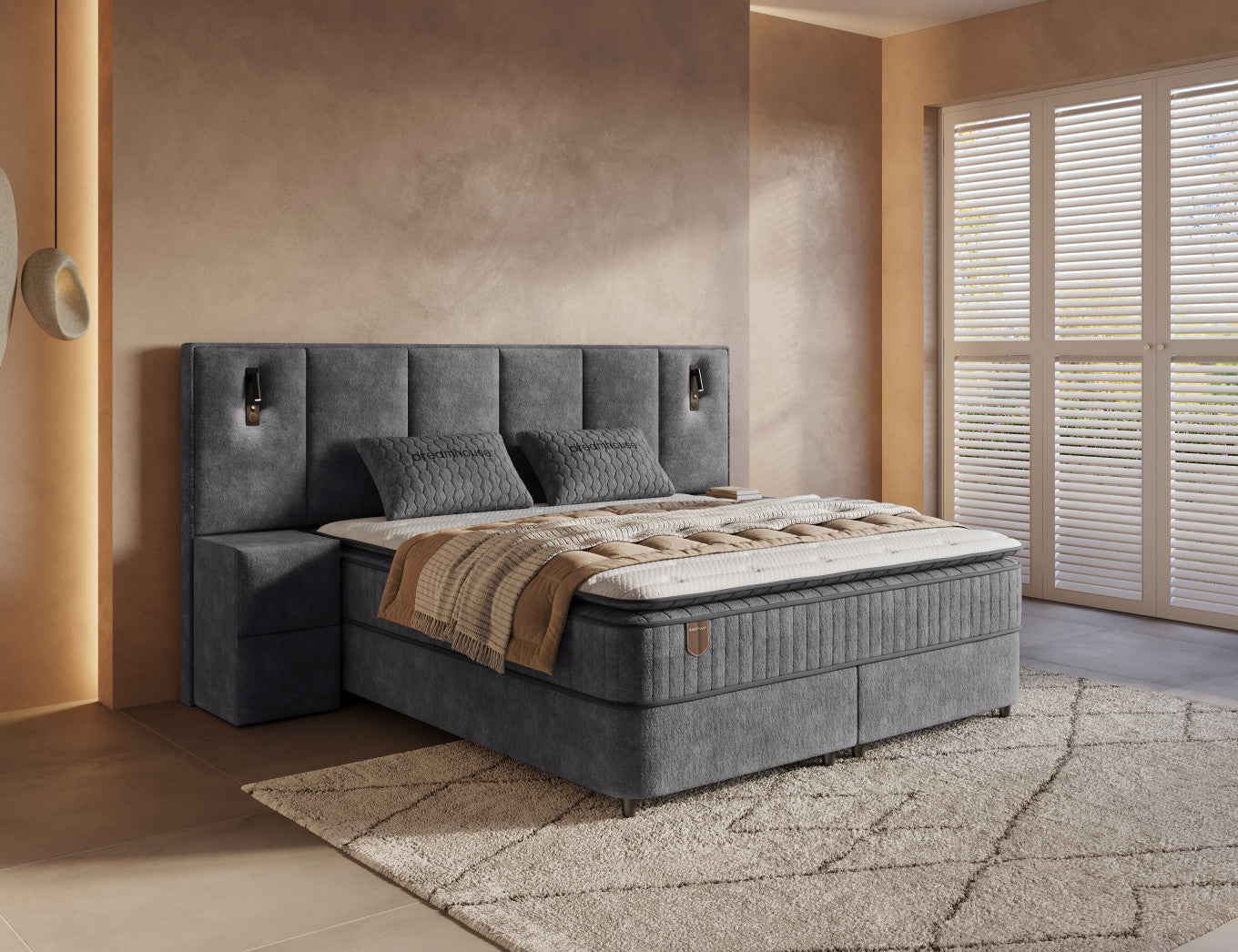 Boxspring met Opbergruimte Nuvion – Complete Set – Luxe 7-zone Matras 500 pockets/m² met Ingebouwde Topper – Antraciet