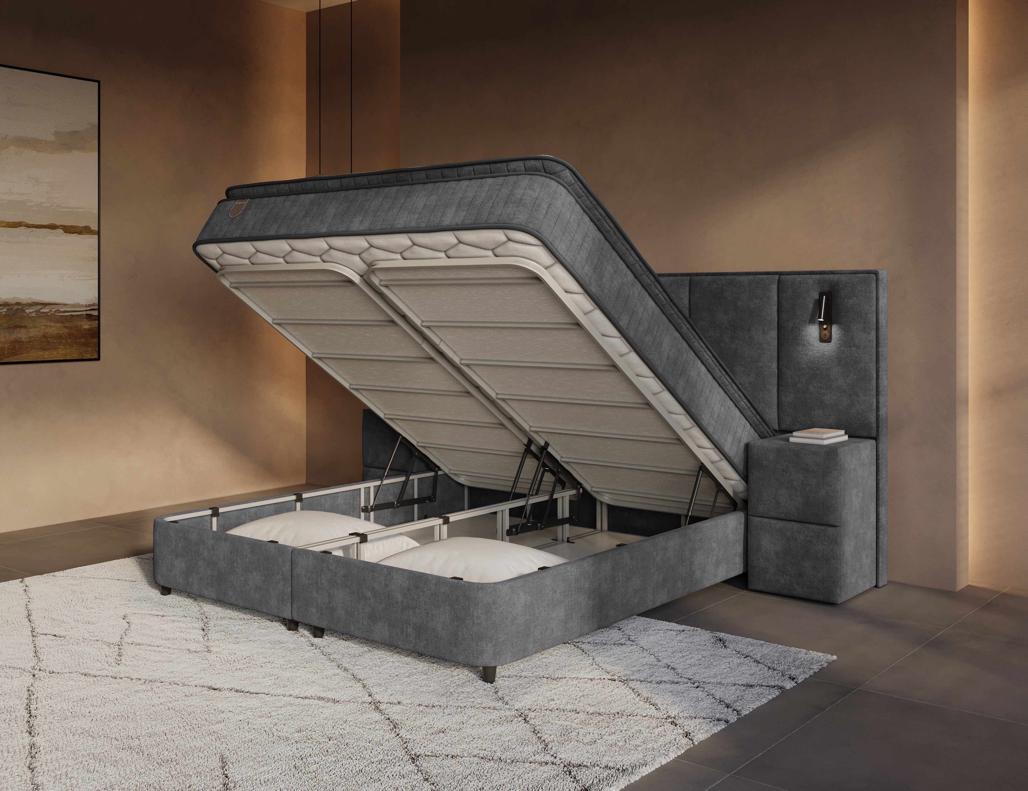 Boxspring met Opbergruimte Nuvion – Complete Set – Luxe 7-zone Matras 500 pockets/m² met Ingebouwde Topper – Antraciet