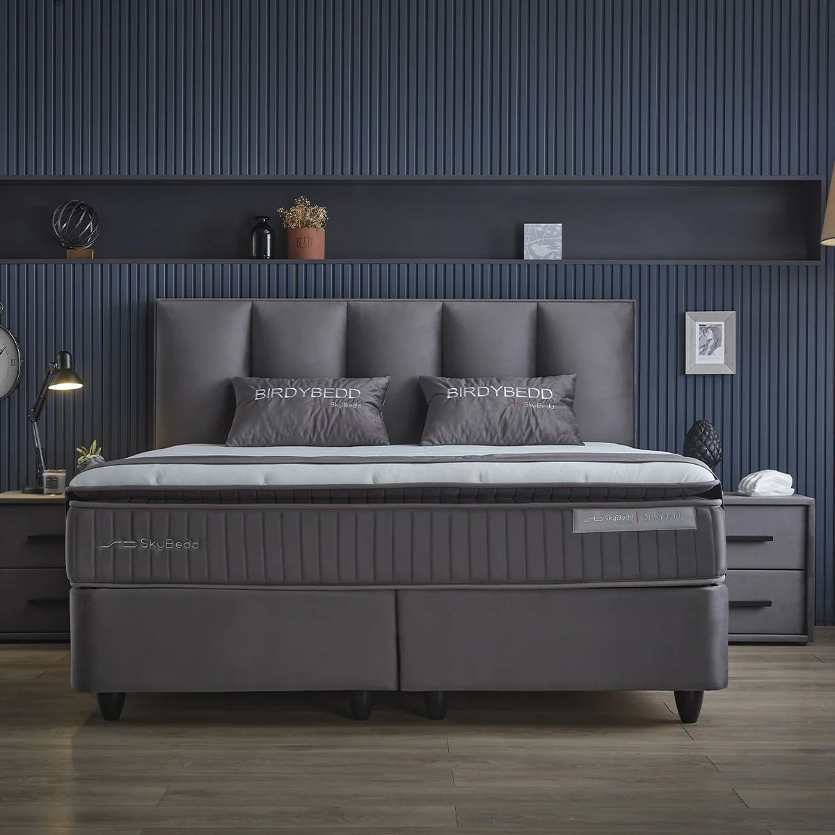 Boxspring met Opbergruimte Birdybedd - Complete set + Luxe 7-zone matras 500 pockets/m² met ingebouwde topper - Antraciet