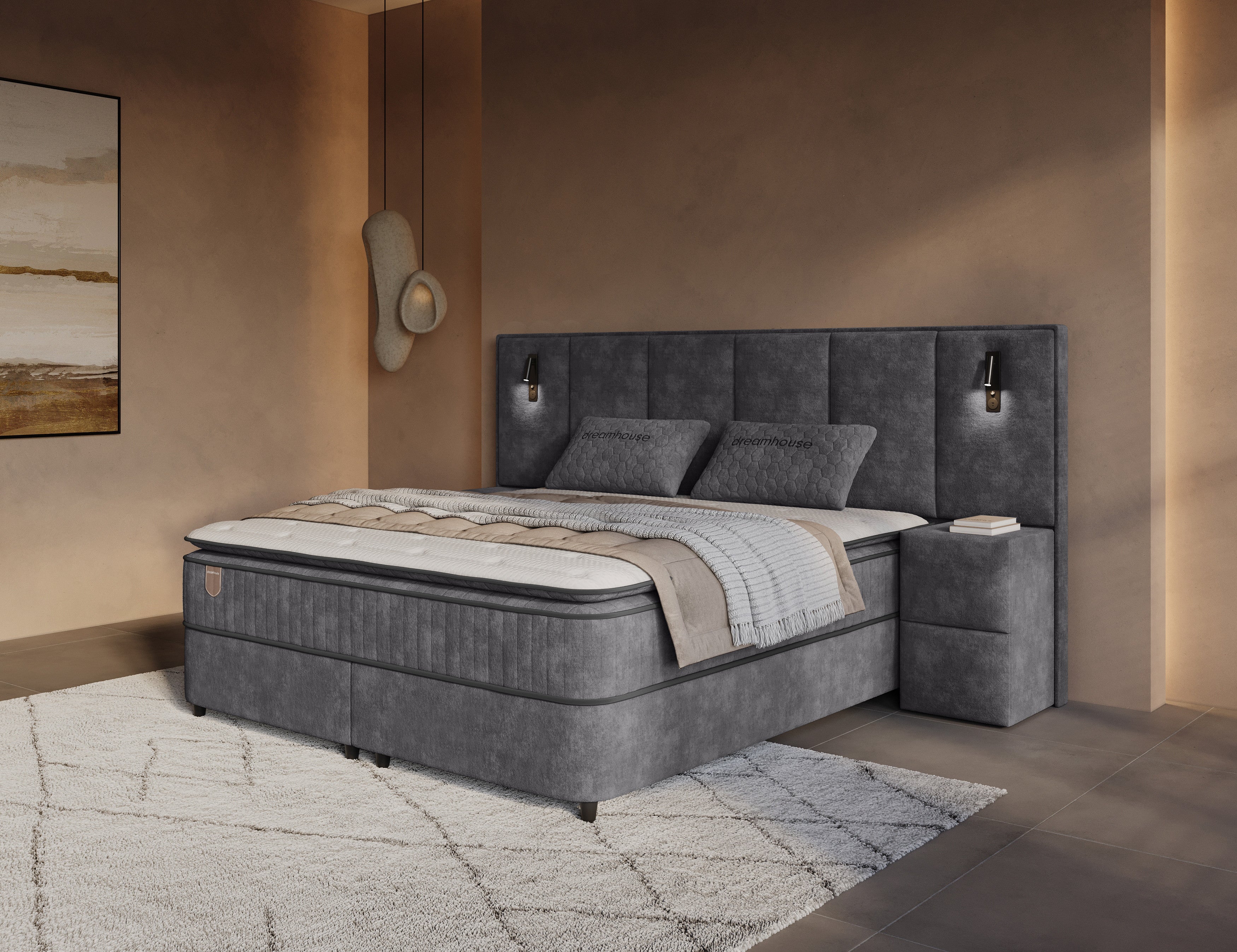 Boxspring met Opbergruimte Nuvion – Complete Set – Luxe 7-zone Matras 500 pockets/m² met Ingebouwde Topper – Antraciet