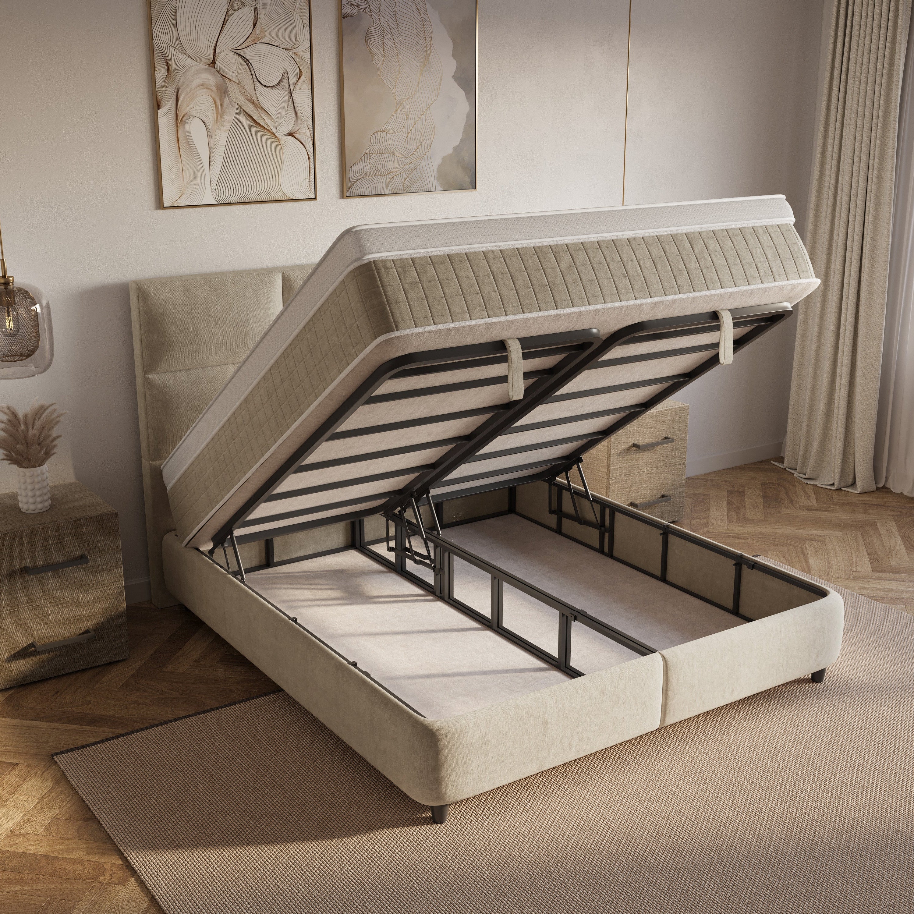 Boxspring met Opbergruimte Lunaro - Complete Set met Luxe 7-zone Matras - Beige