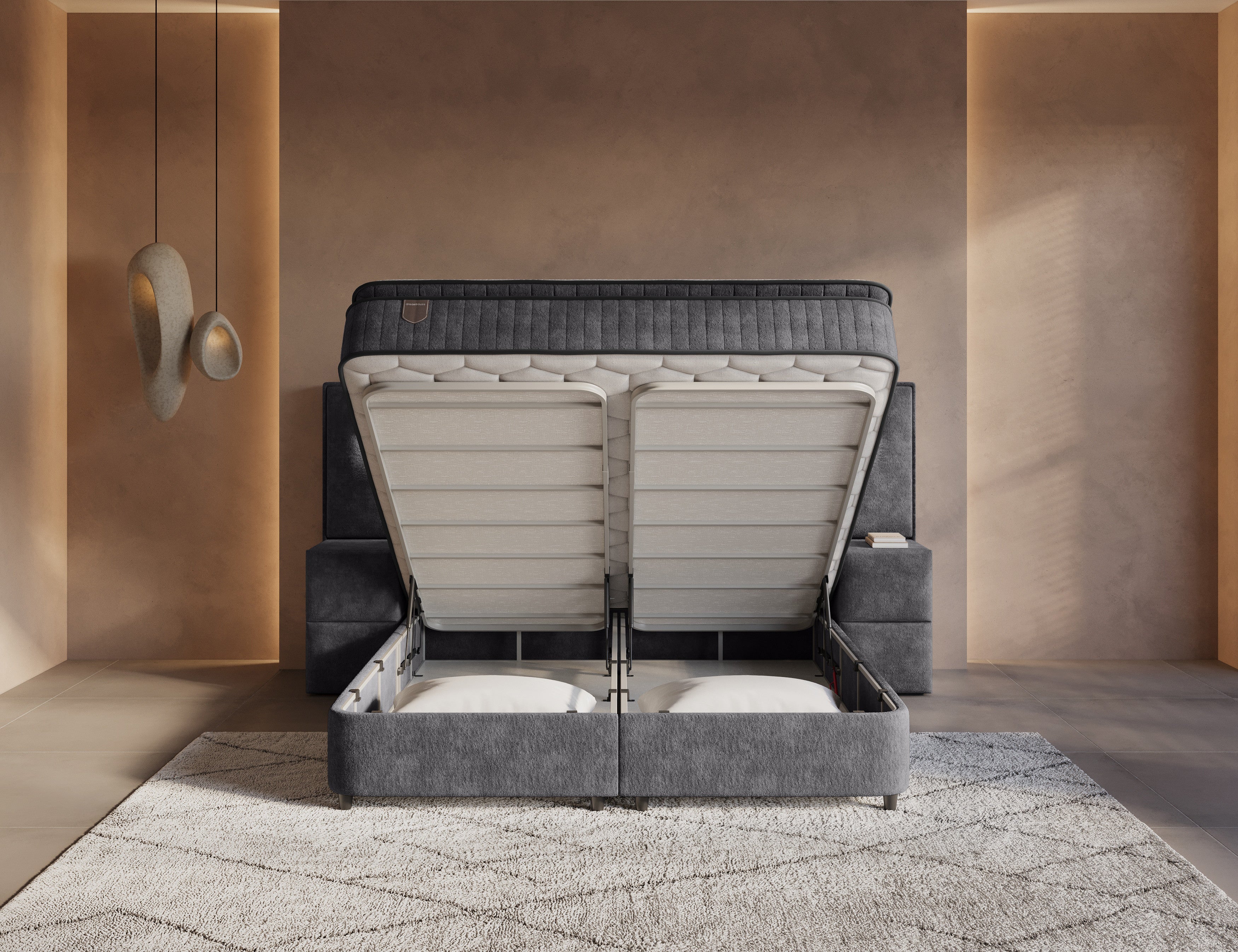 Boxspring met Opbergruimte Nuvion – Complete Set – Luxe 7-zone Matras 500 pockets/m² met Ingebouwde Topper – Antraciet