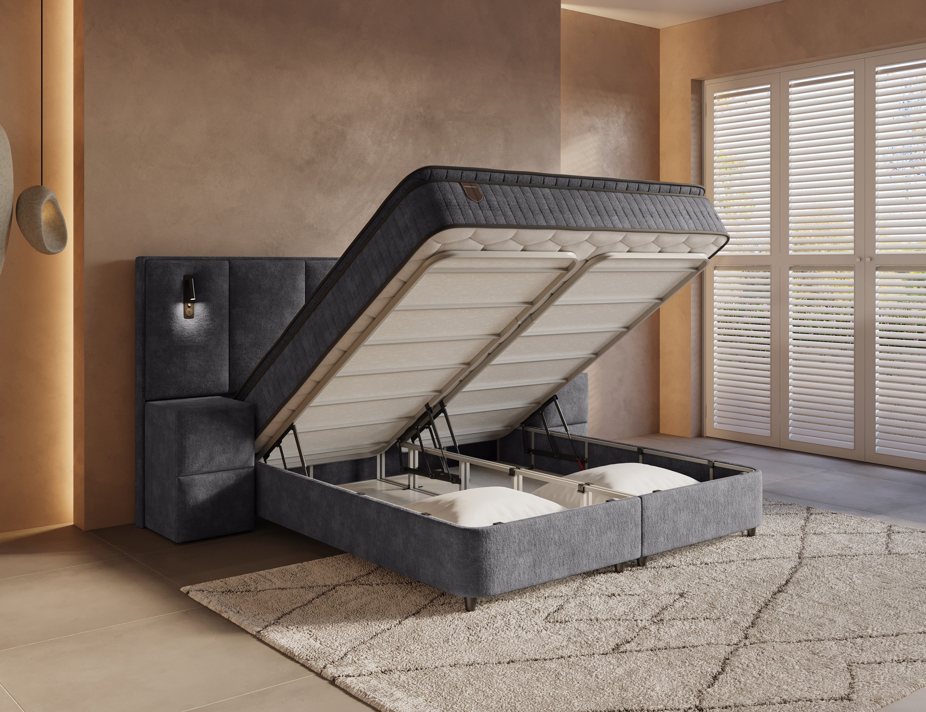 Boxspring met Opbergruimte Nuvion – Complete Set – Luxe 7-zone Matras 500 pockets/m² met Ingebouwde Topper – Antraciet