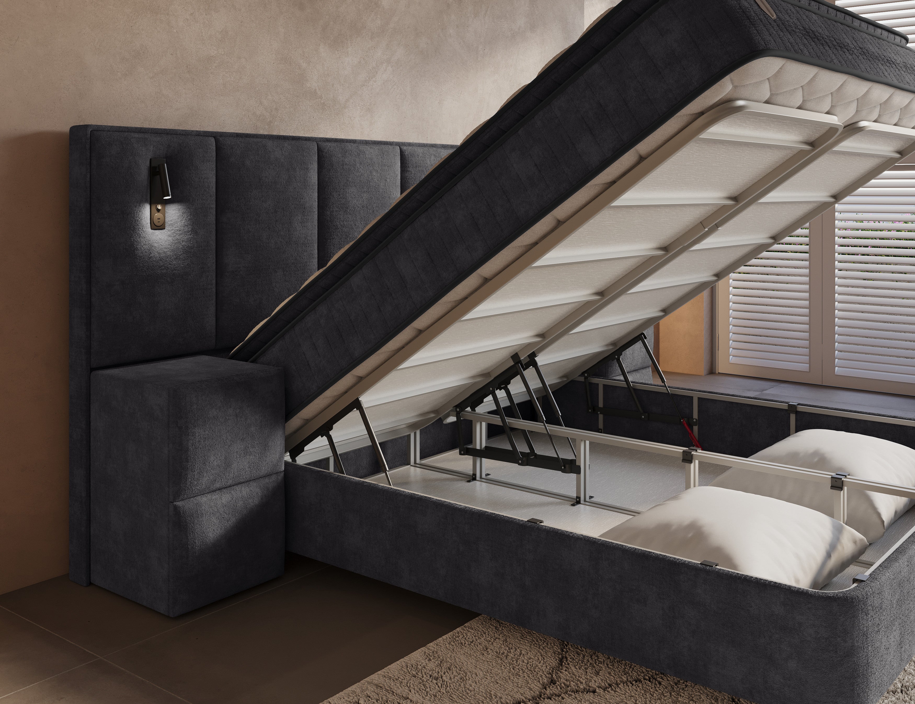 Boxspring met Opbergruimte Nuvion – Complete Set – Luxe 7-zone Matras 500 pockets/m² met Ingebouwde Topper – Antraciet