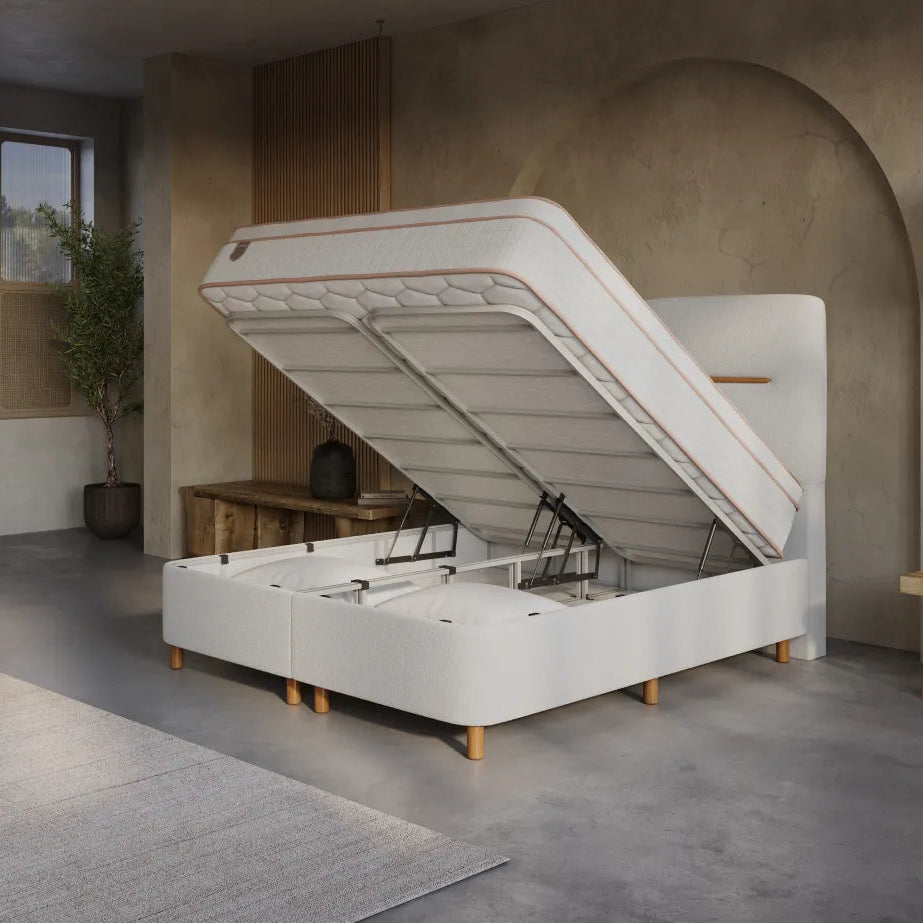 Boxspring met Opbergruimte Aveline - Complete Set met Luxe 7-zone Matras - Beige