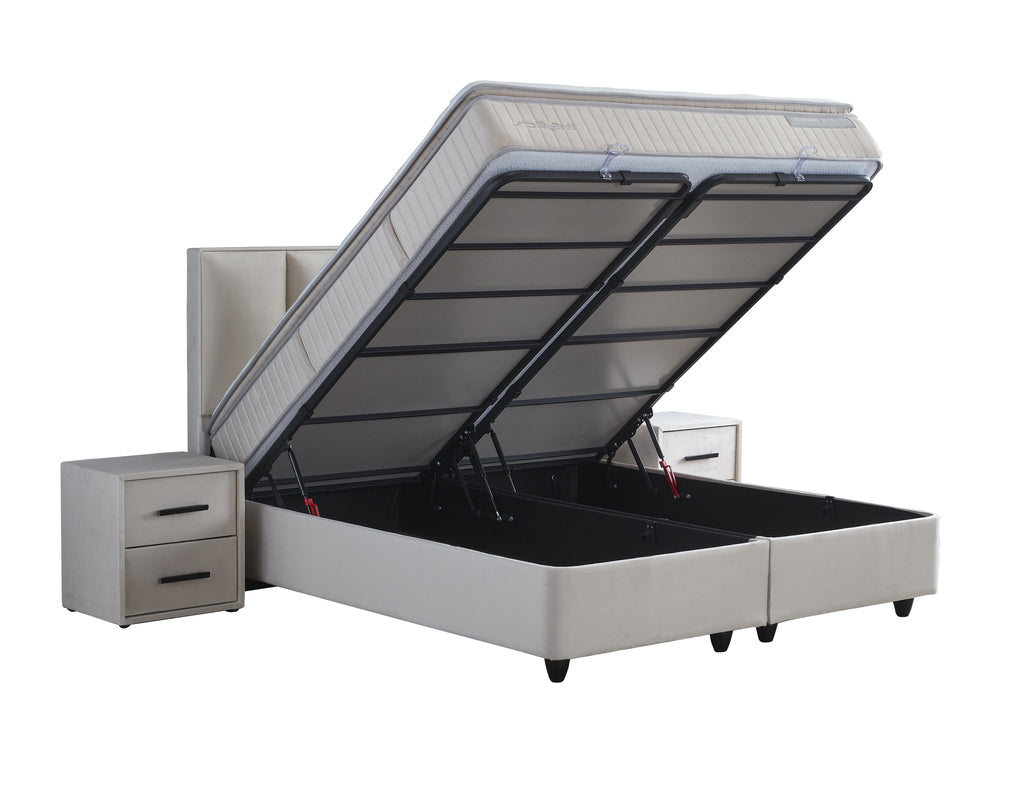 Boxspring met Opbergruimte Birdybedd - Complete set  - Luxe 7-zone matras 500 pockets/m² met ingebouwde topper - Cream