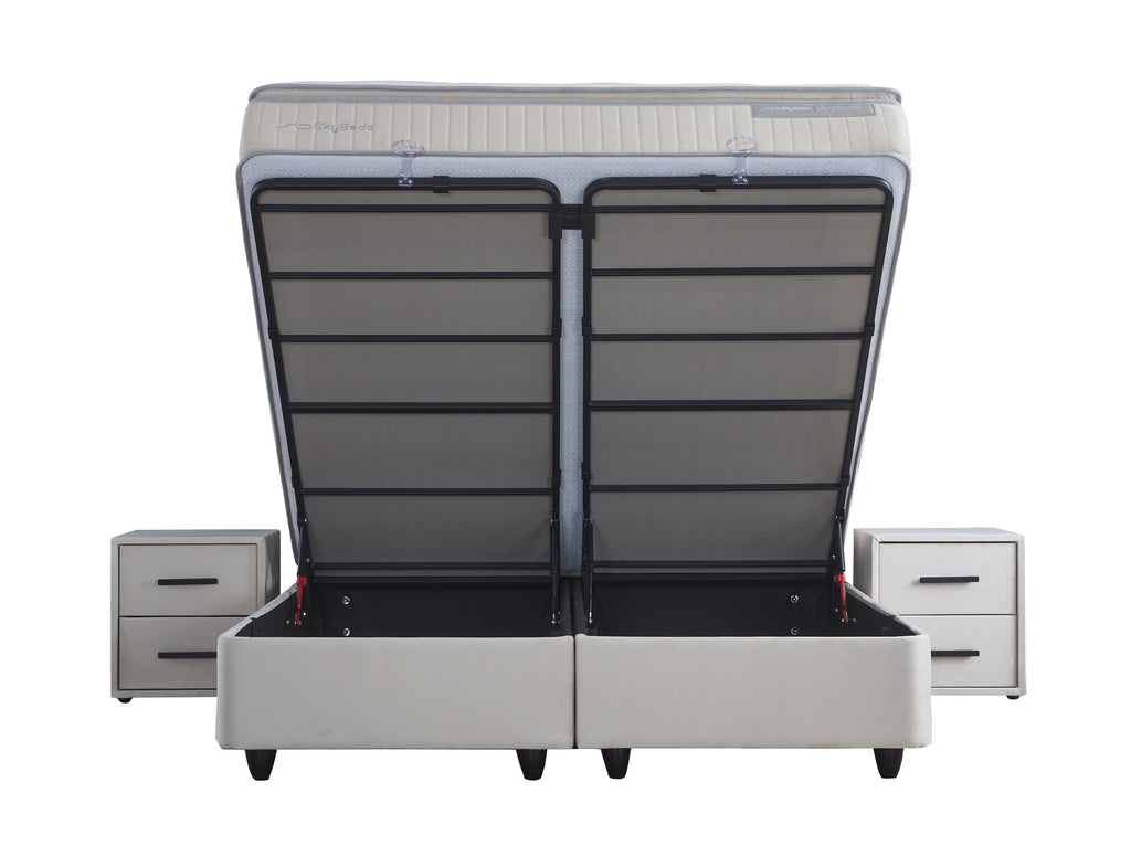 Boxspring met Opbergruimte Birdybedd - Complete set  - Luxe 7-zone matras 500 pockets/m² met ingebouwde topper - Cream
