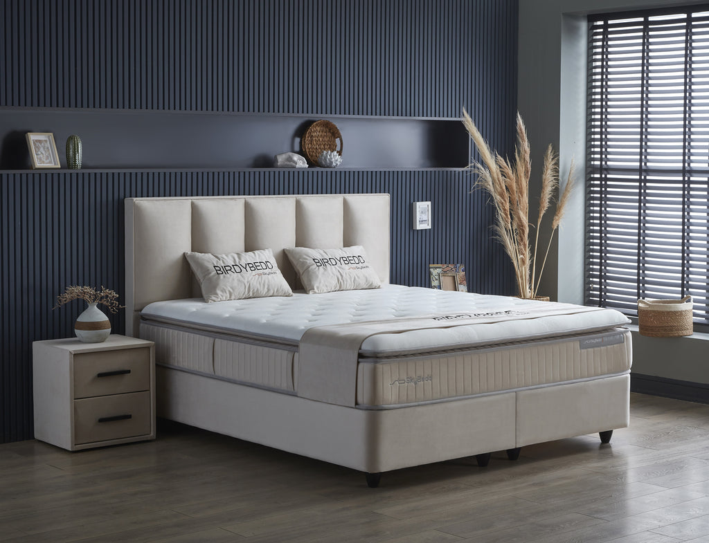 Boxspring met Opbergruimte Birdybedd - Complete set  - Luxe 7-zone matras 500 pockets/m² met ingebouwde topper - Cream